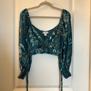 Sybille Teal Floral Crossover Crop Top